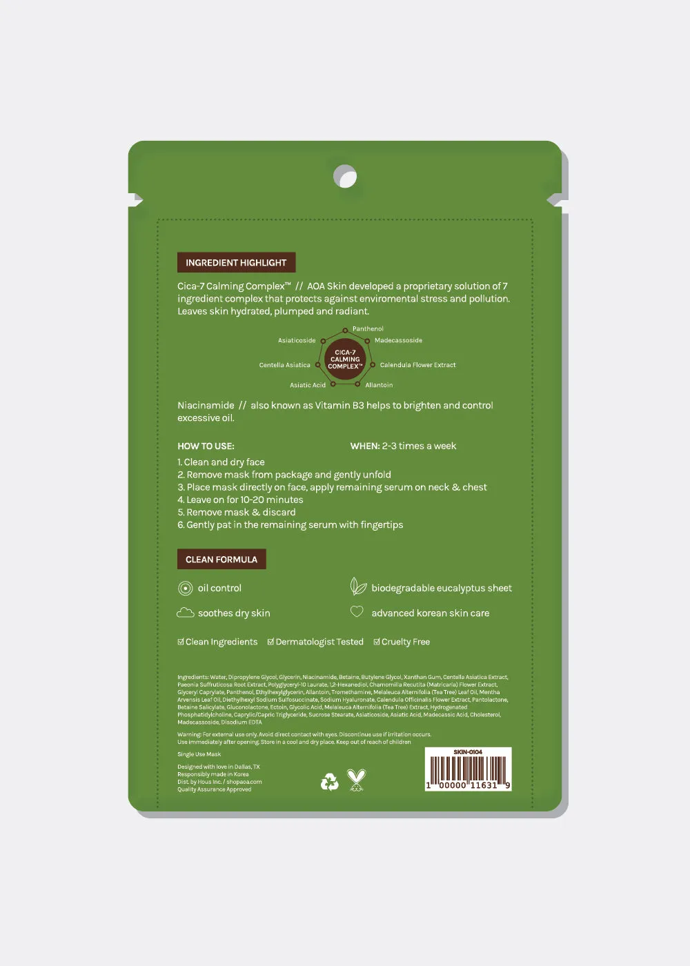 AOA Skin Niacinamide 2%   CICA 7 Calming Complex Sheet Mask