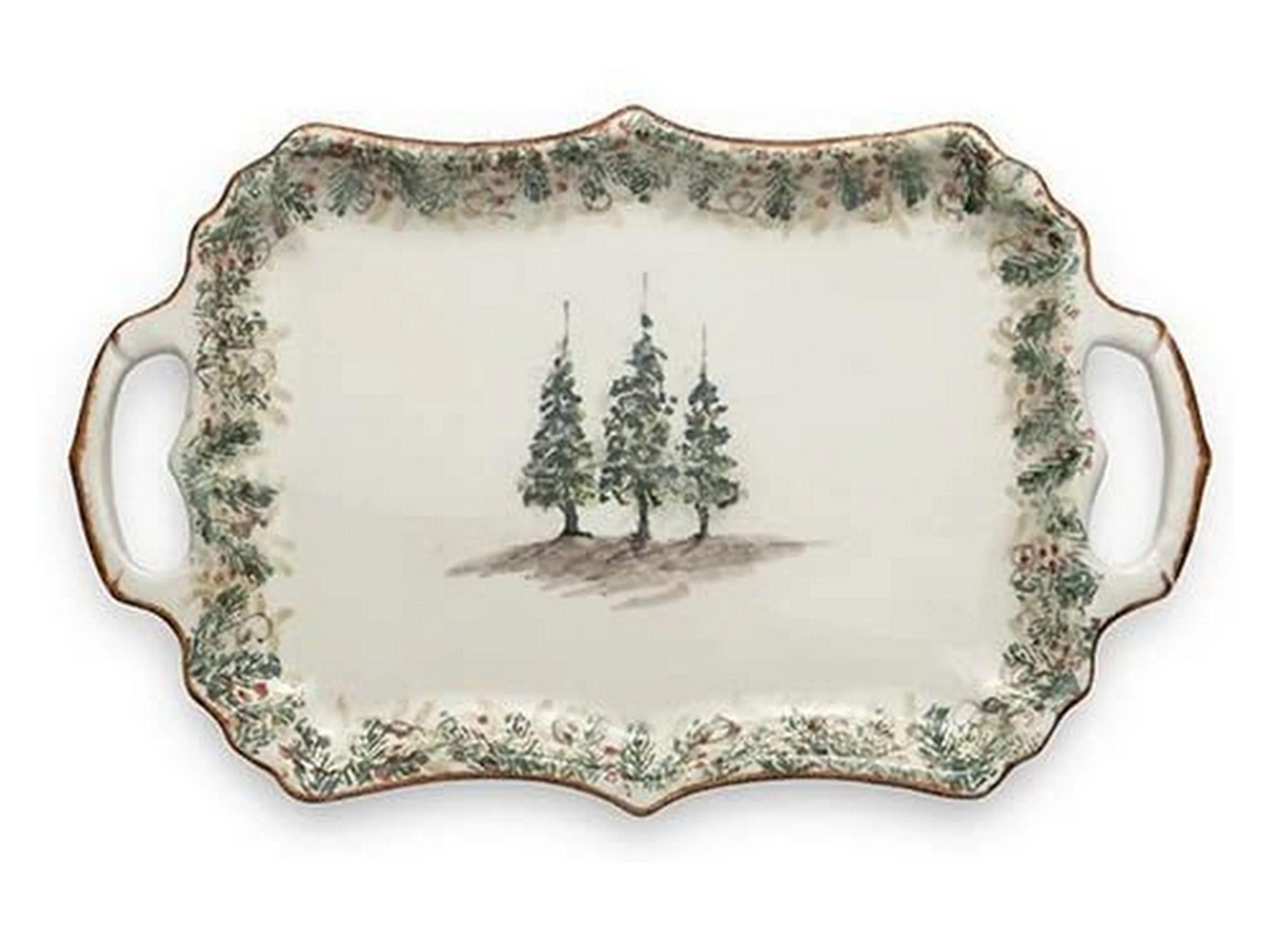 Arte Italica Natale Rectangular Tray with Handles, Cream