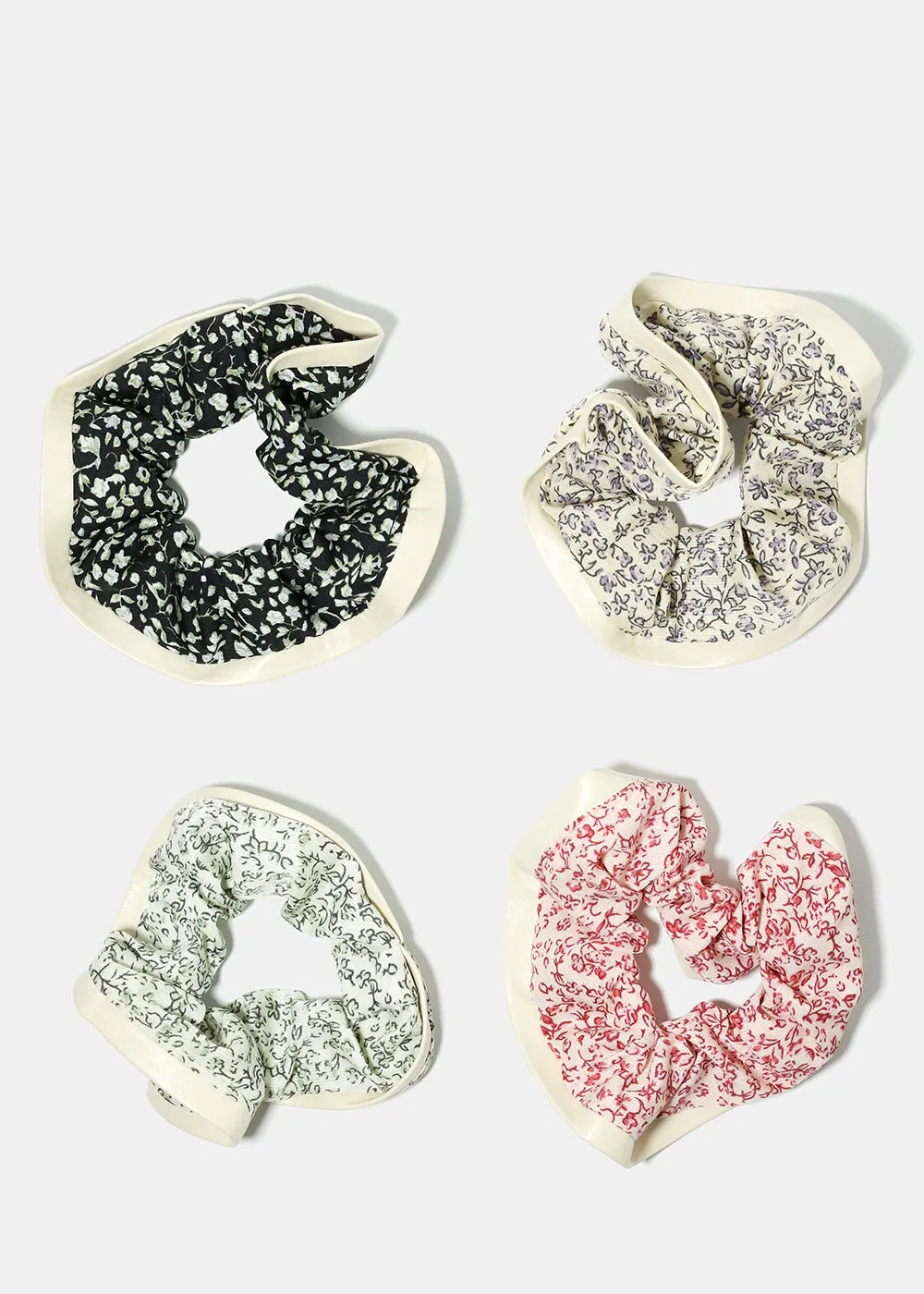 Floral Scrunchie with Faux Leather Trim