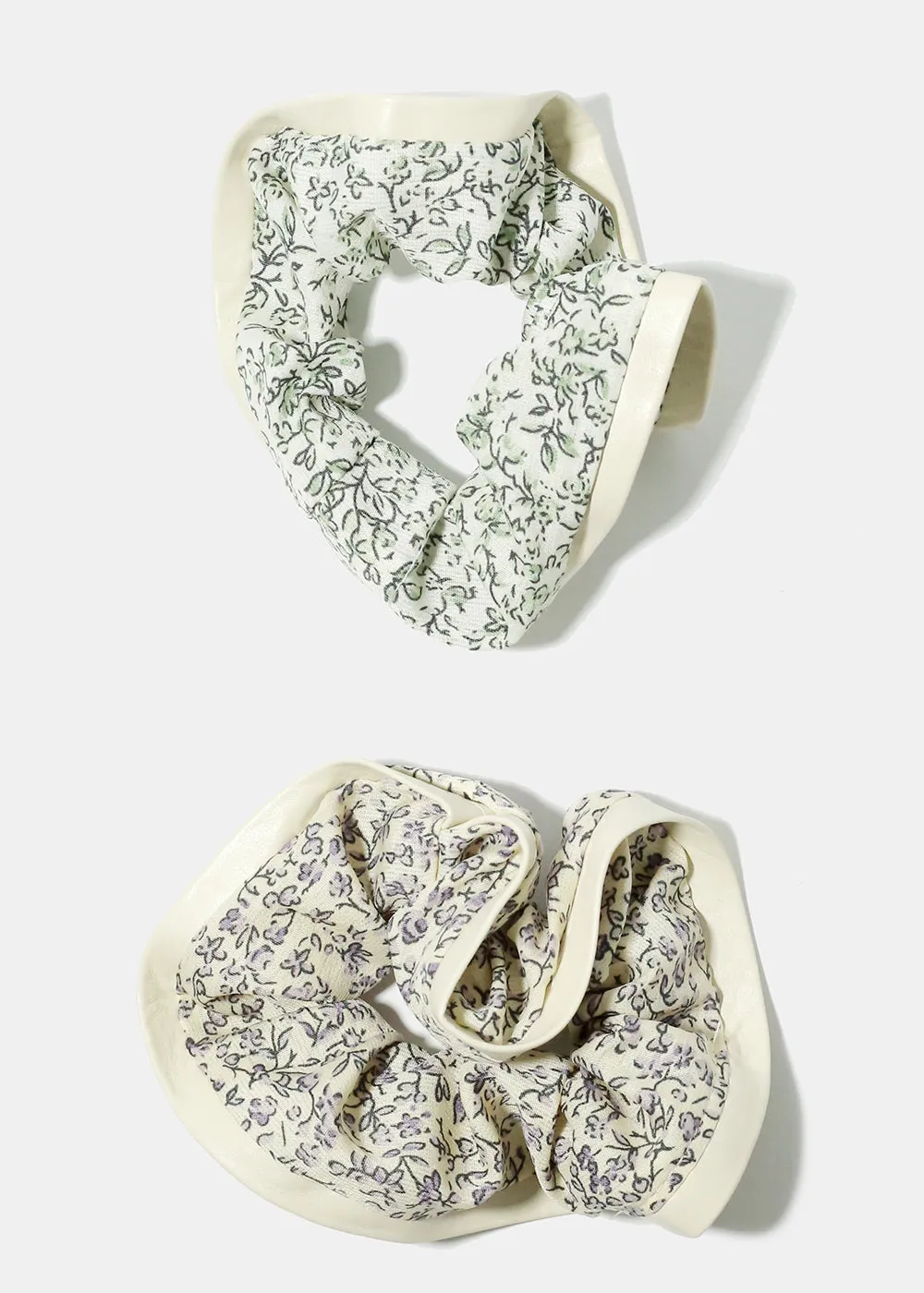Floral Scrunchie with Faux Leather Trim