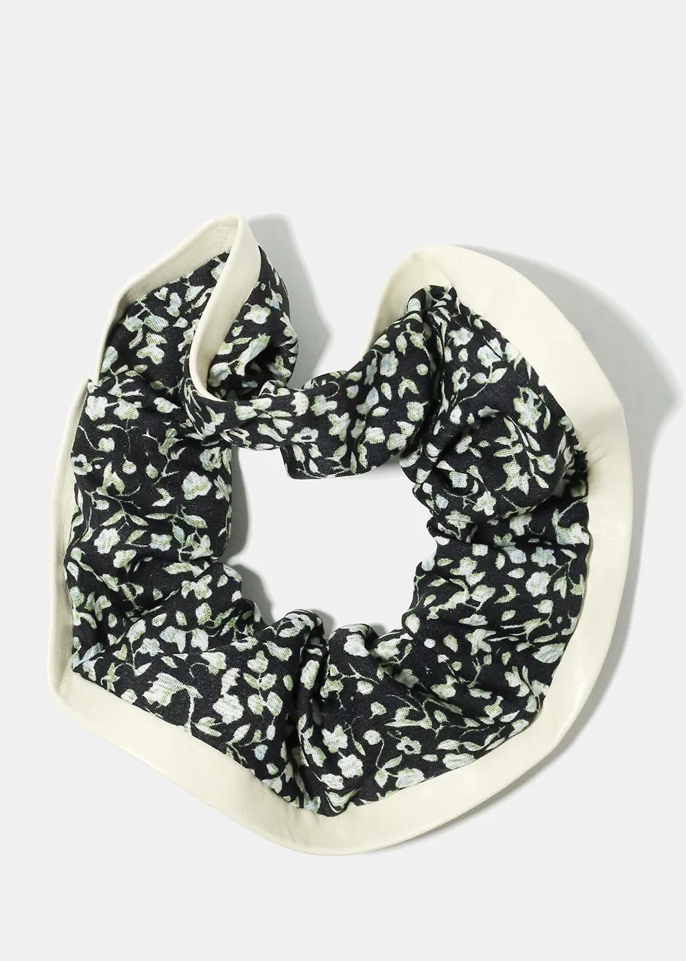 Floral Scrunchie with Faux Leather Trim