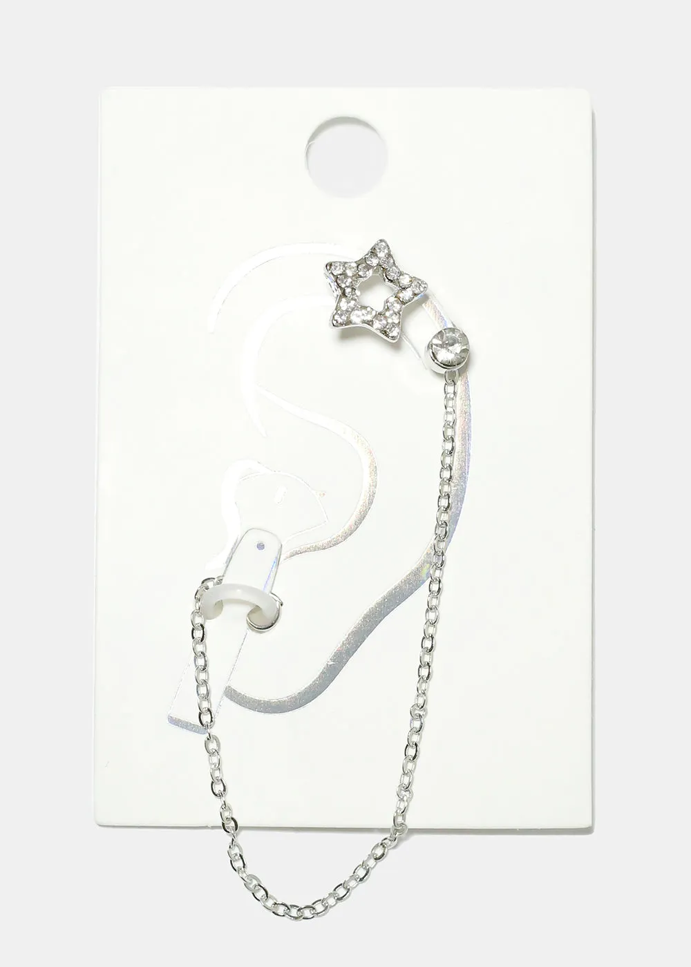 Gemstone Studded Heart Cuff Earring with Earphone Chain Holder