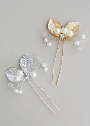 Hair Pin with Pearls & Leaves