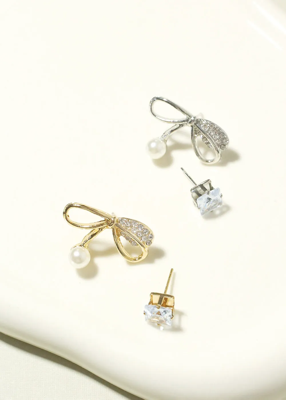 Rhinestone and Bow with Pearl Earrings