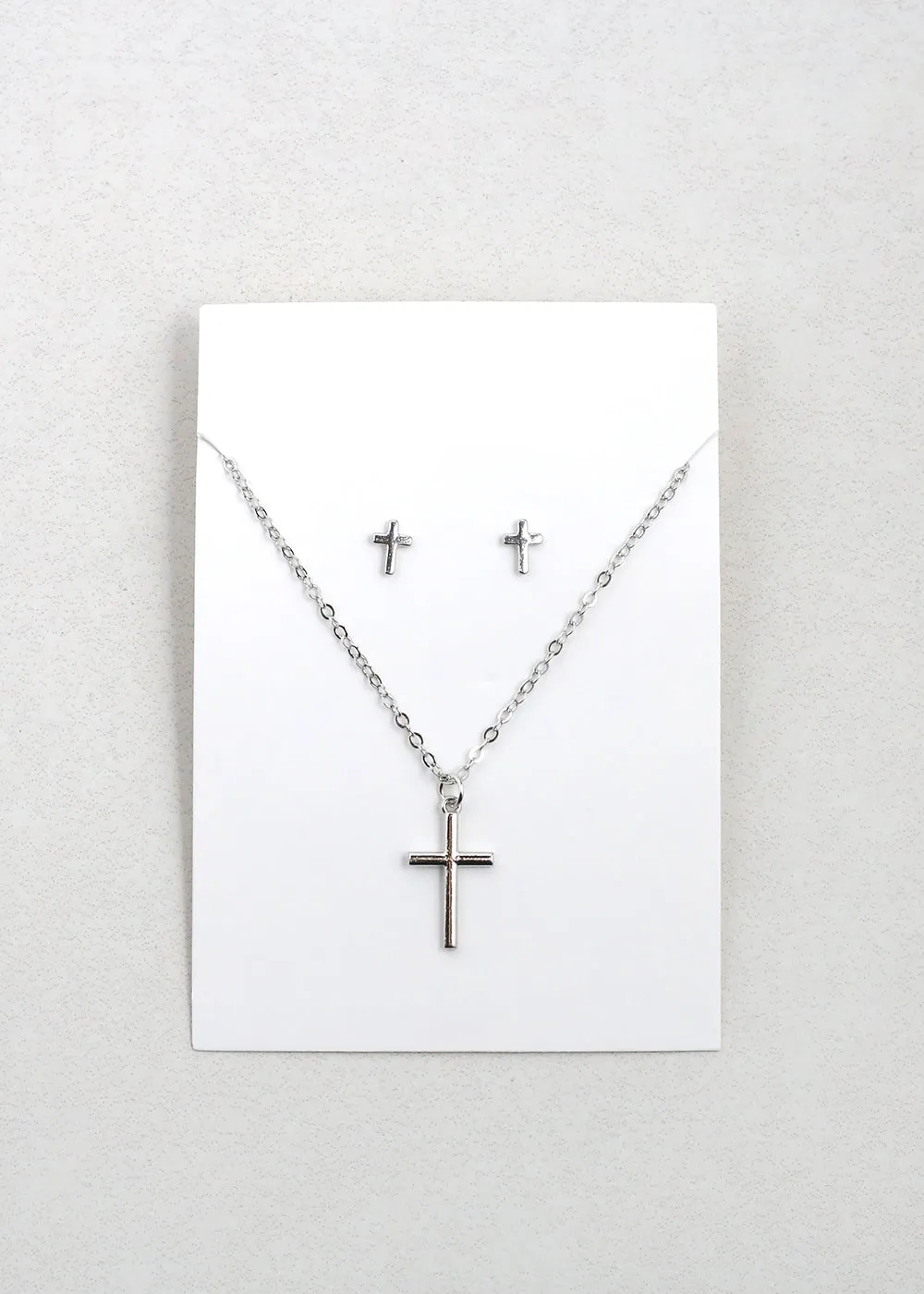 Silver Cross Necklace & Earrings Set