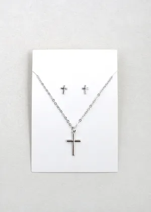Silver Cross Necklace & Earrings Set